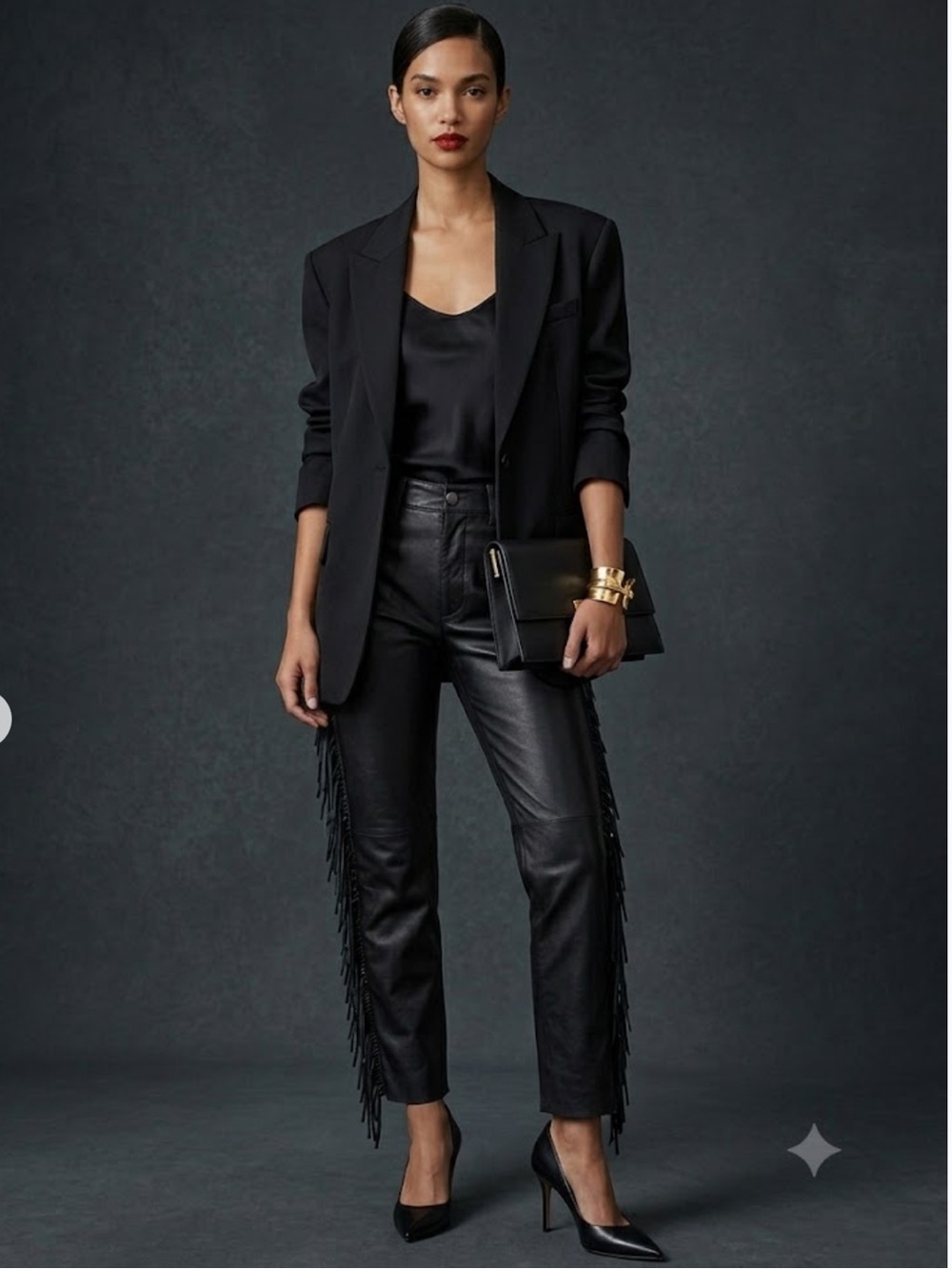 Char | Vintage Arrow | Black Genuine Leather Fringe Pants with Label |